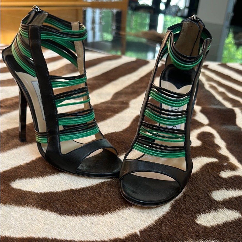 Jimmy Choo Black and Green Leather Stiletto Cage Sandals/Heels